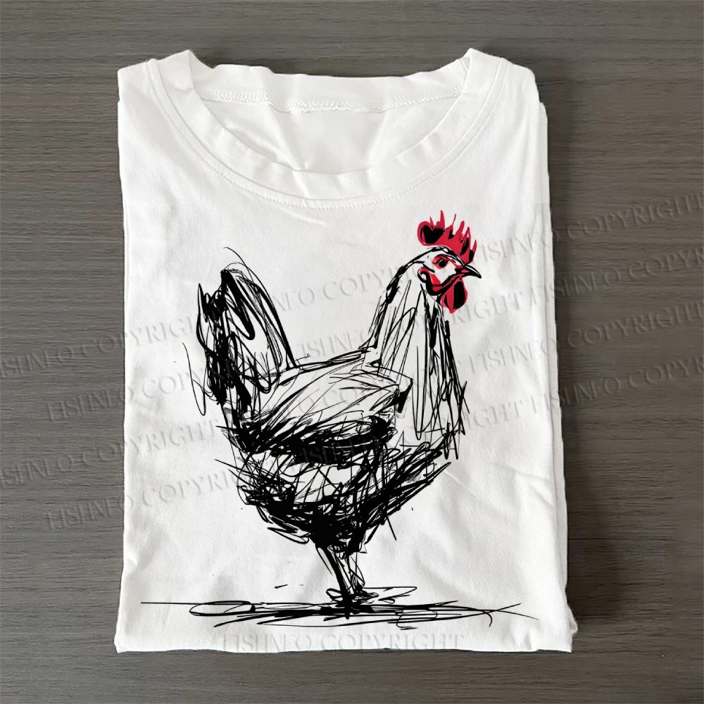 Casual Minimalist Rooster Printed Cotton Folded T-shirt