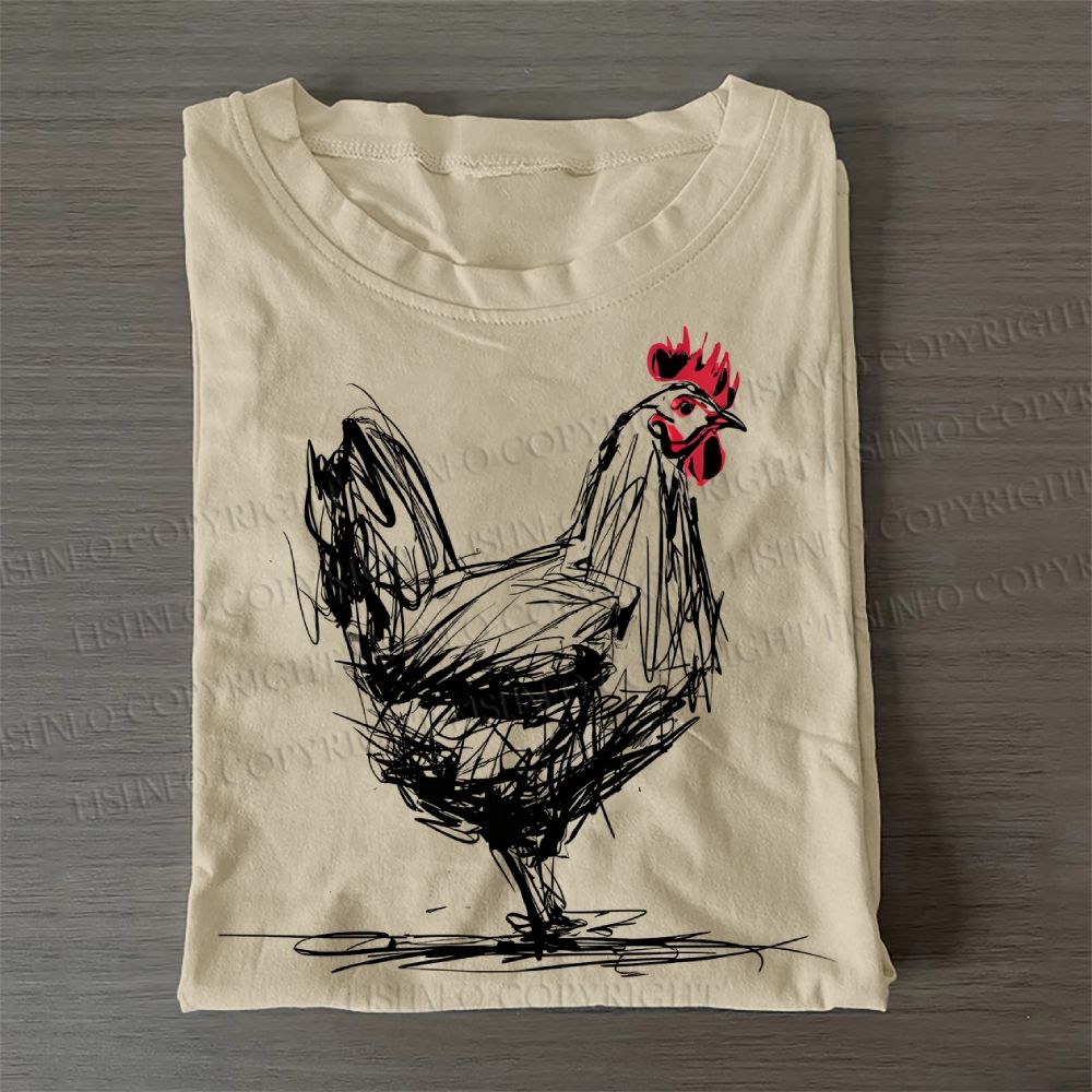Casual Minimalist Rooster Printed Cotton Folded T-shirt