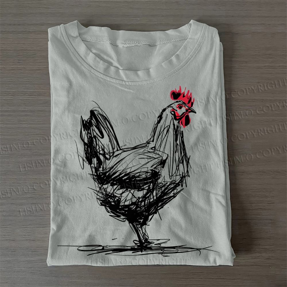 Casual Minimalist Rooster Printed Cotton Folded T-shirt