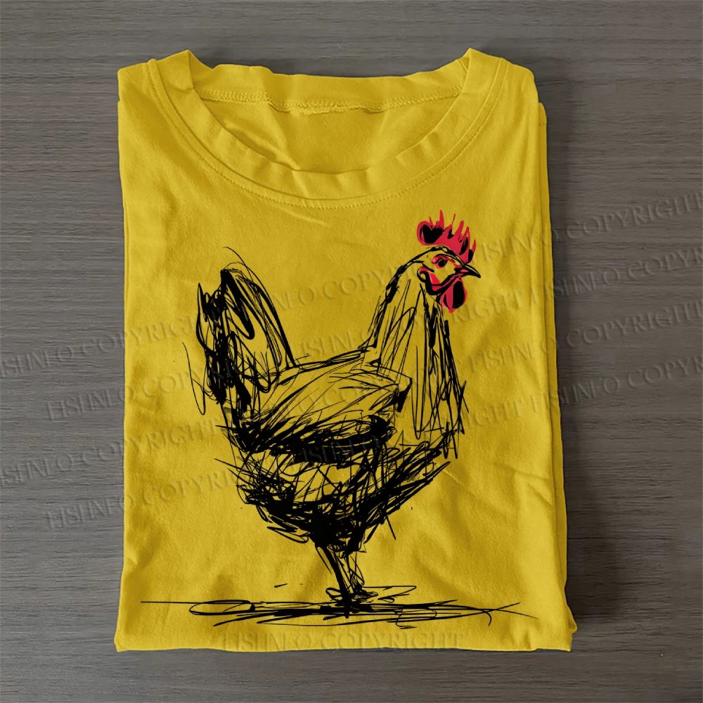 Casual Minimalist Rooster Printed Cotton Folded T-shirt