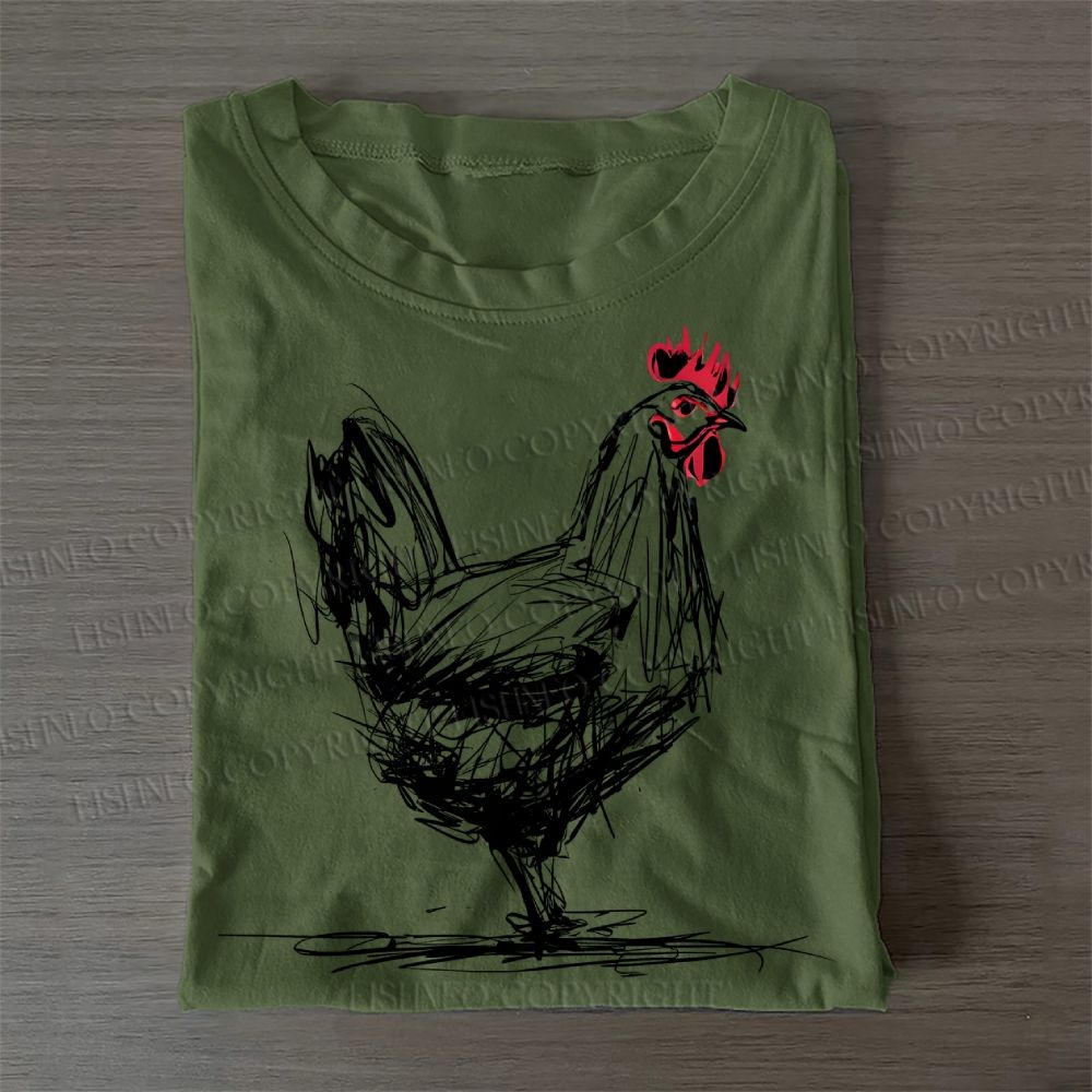 Casual Minimalist Rooster Printed Cotton Folded T-shirt