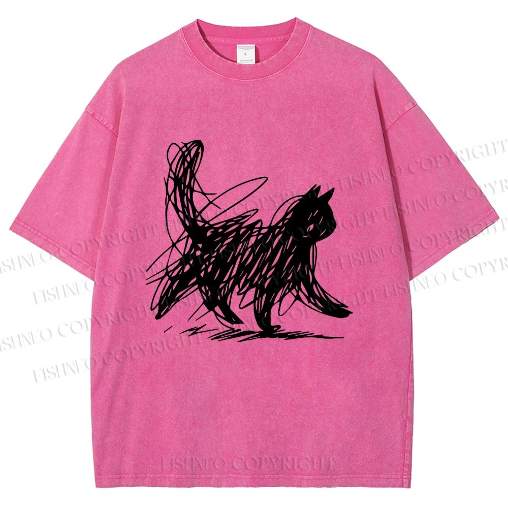 Unisex Minimalist Cat Printed Washed Tee