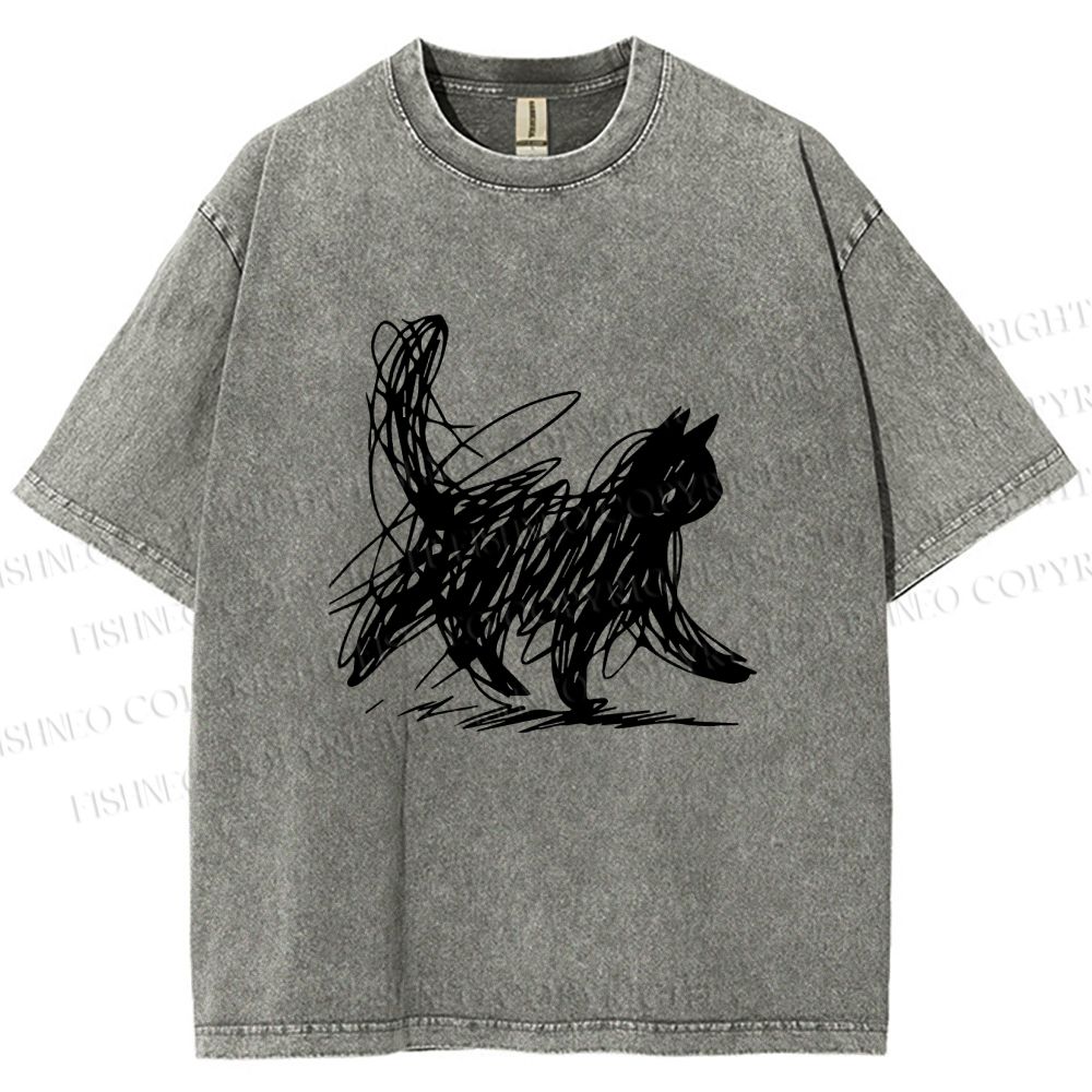 Unisex Minimalist Cat Printed Washed Tee