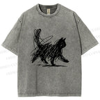 Unisex Minimalist Cat Printed Washed Tee