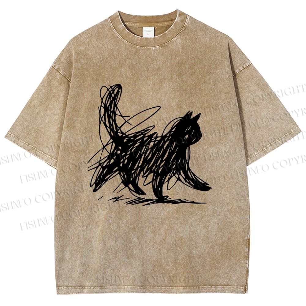Unisex Minimalist Cat Printed Washed Tee