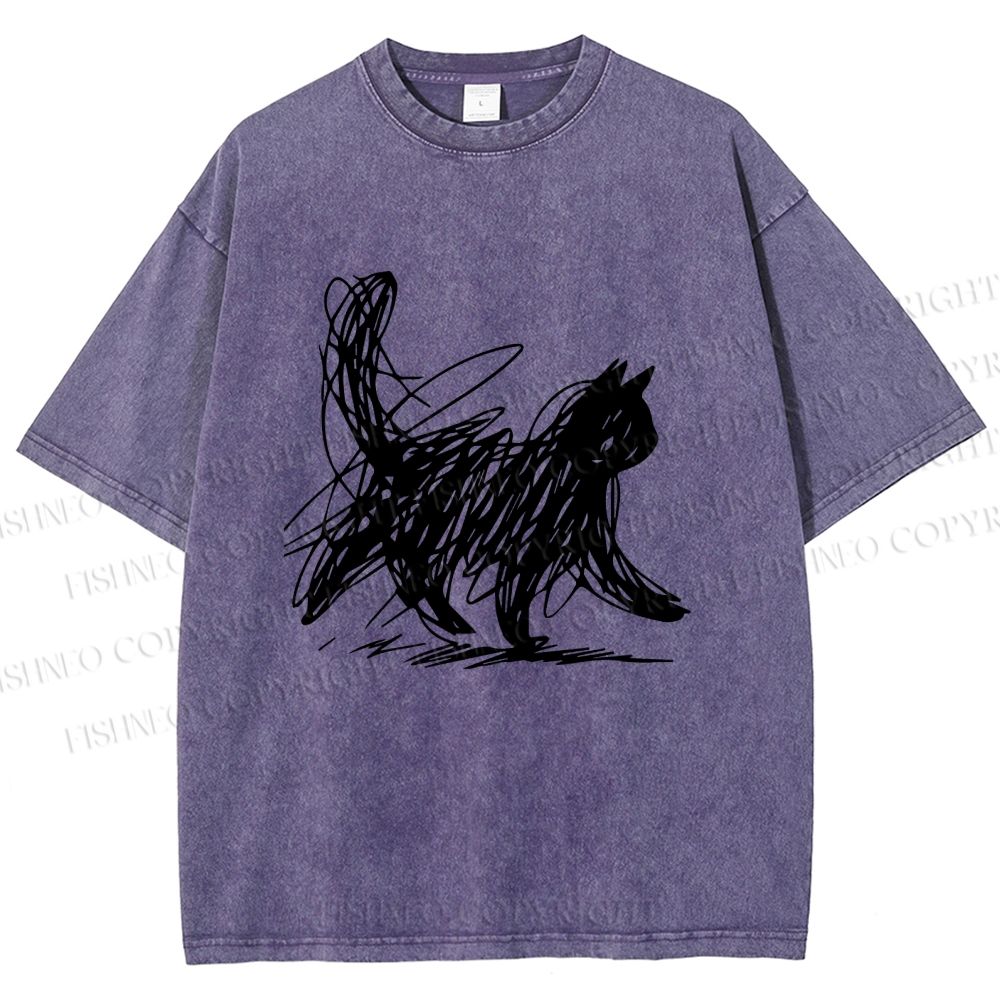 Unisex Minimalist Cat Printed Washed Tee