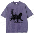 Unisex Minimalist Cat Printed Washed Tee