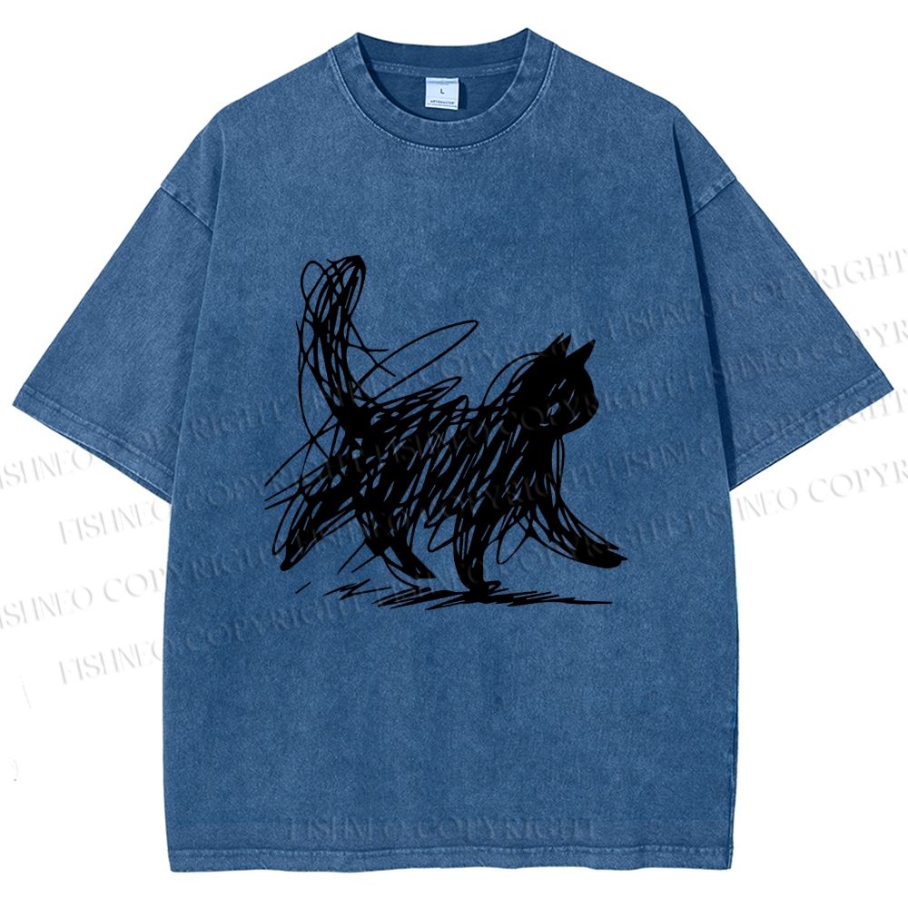 Unisex Minimalist Cat Printed Washed Tee
