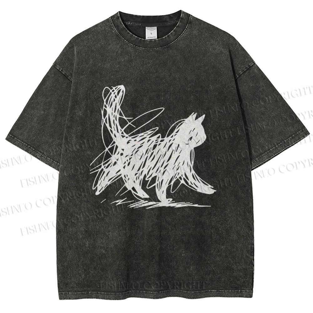 Unisex Minimalist Cat Printed Washed Tee