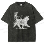 Unisex Minimalist Cat Printed Washed Tee