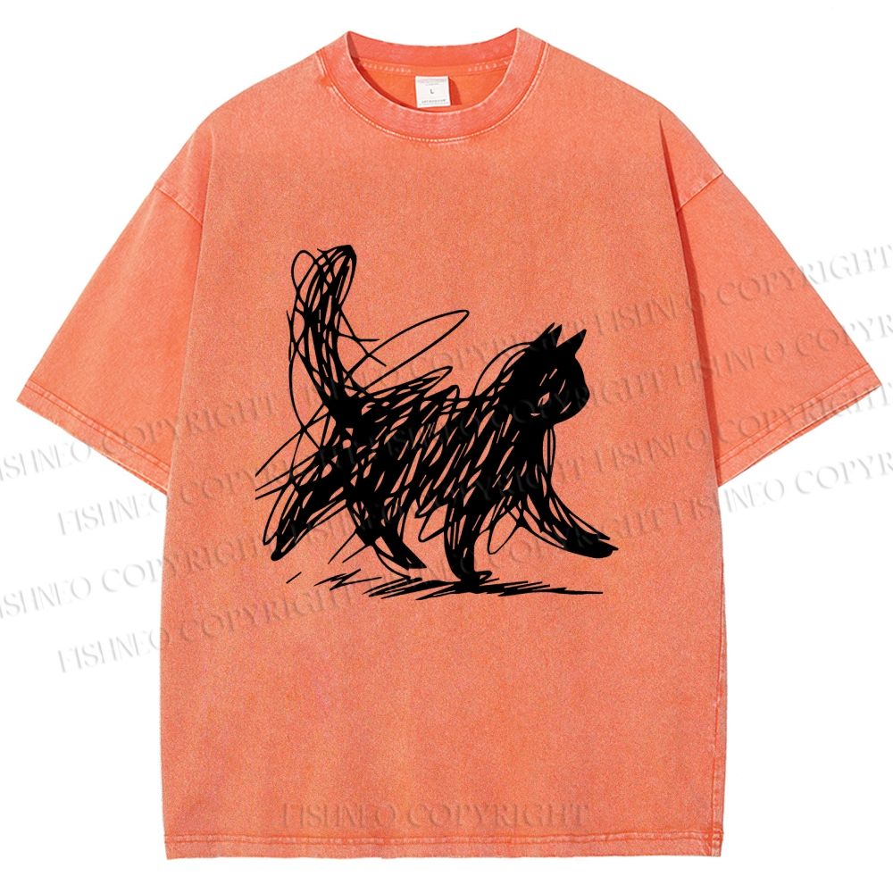 Unisex Minimalist Cat Printed Washed Tee