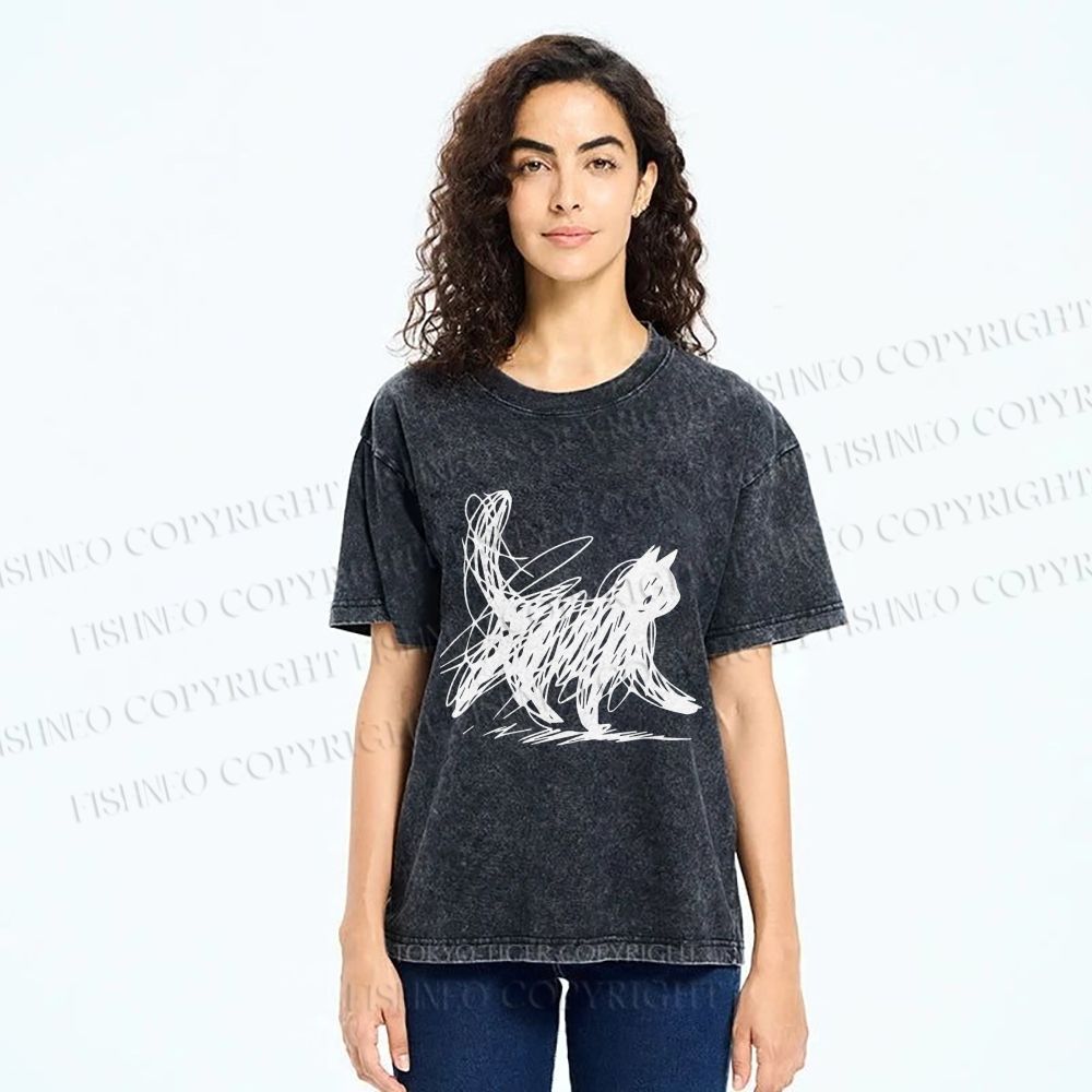 Unisex Minimalist Cat Printed Washed Tee