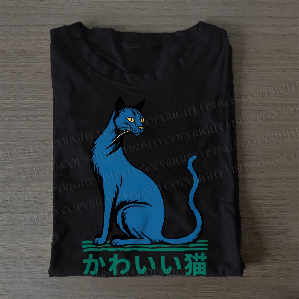 Casual Cute Cat Printed Cotton Folded T-shirt