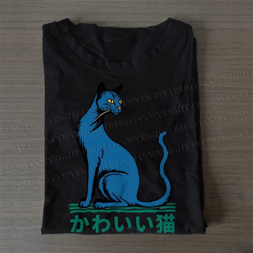Casual Cute Cat Printed Cotton Folded T-shirt