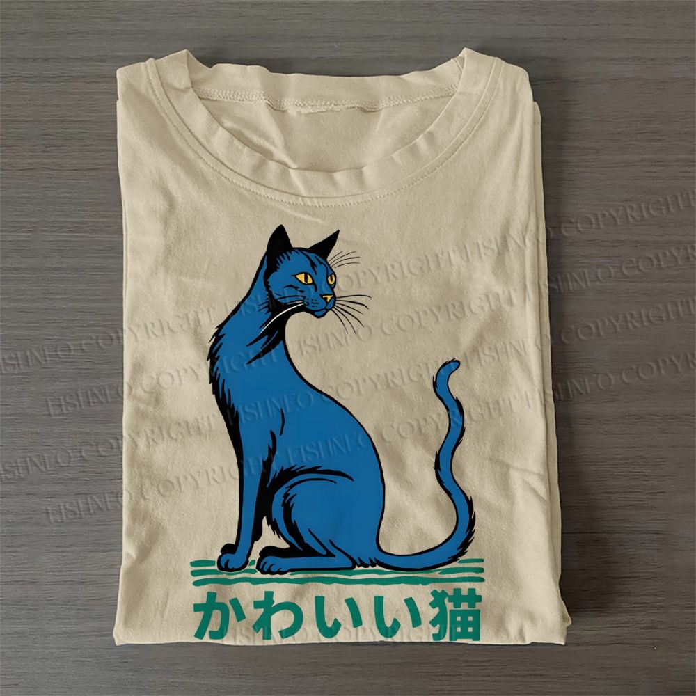 Casual Cute Cat Printed Cotton Folded T-shirt