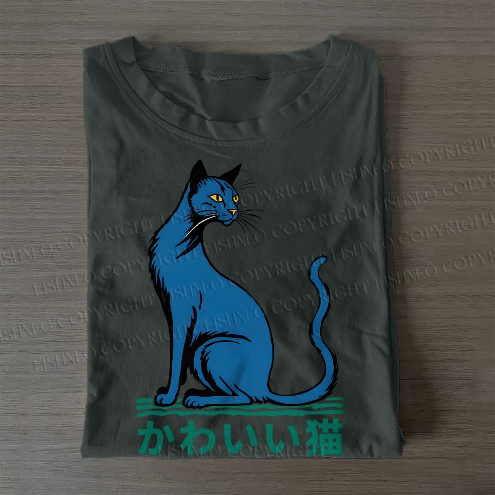 Casual Cute Cat Printed Cotton Folded T-shirt