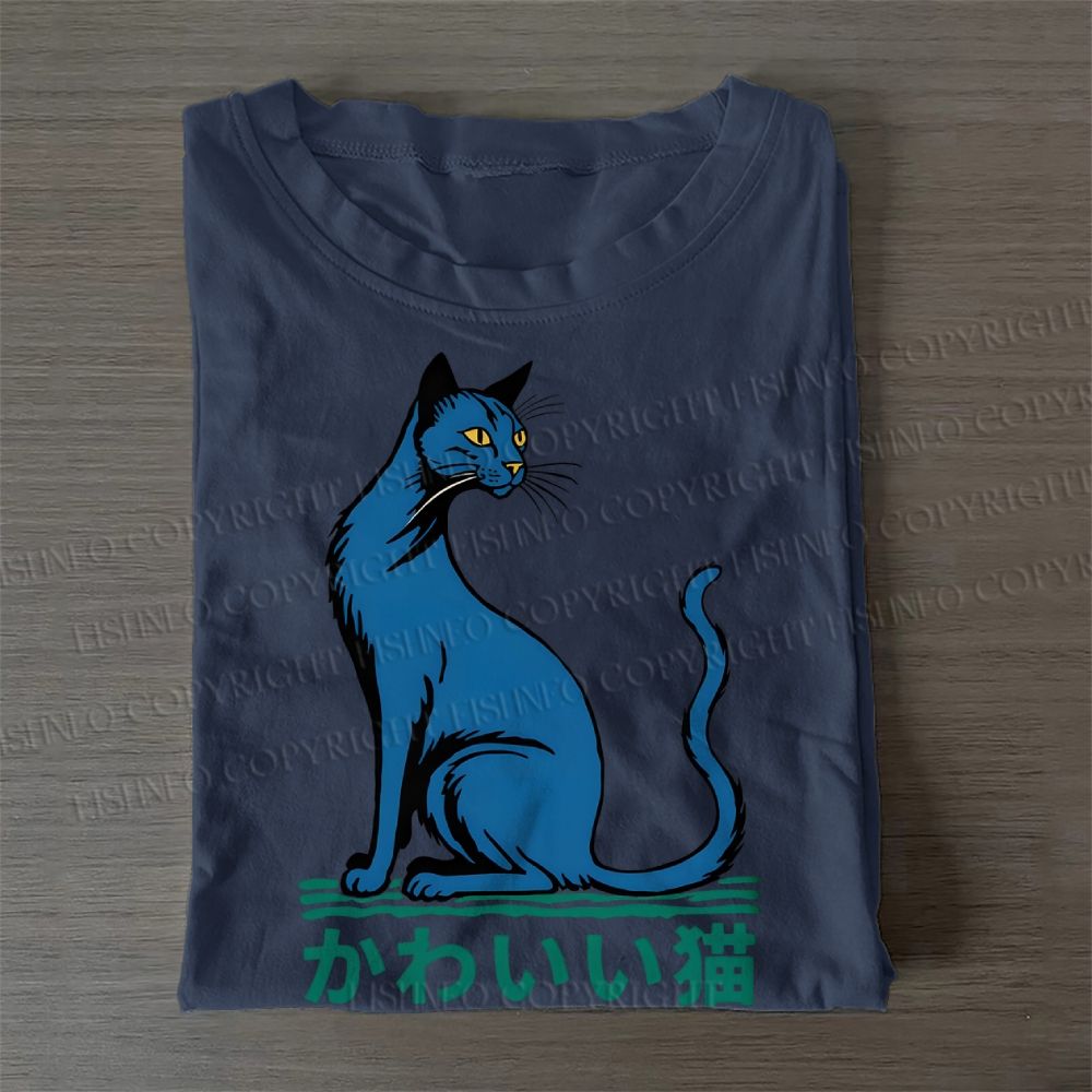 Casual Cute Cat Printed Cotton Folded T-shirt