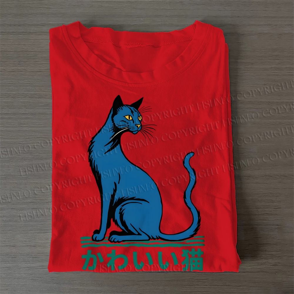 Casual Cute Cat Printed Cotton Folded T-shirt
