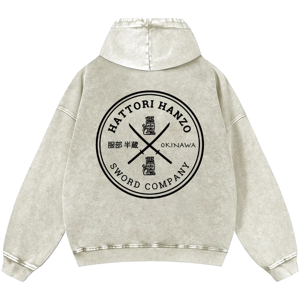 Hattori Hanzo Komainu Okinawa Sword Company Vintage Washed Cotton Back Art Hoodie