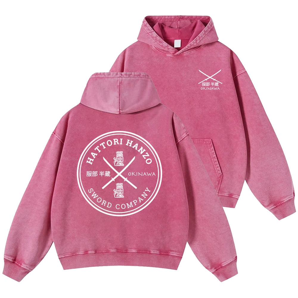Hattori Hanzo Komainu Okinawa Sword Company Vintage Washed Cotton Back Art Hoodie
