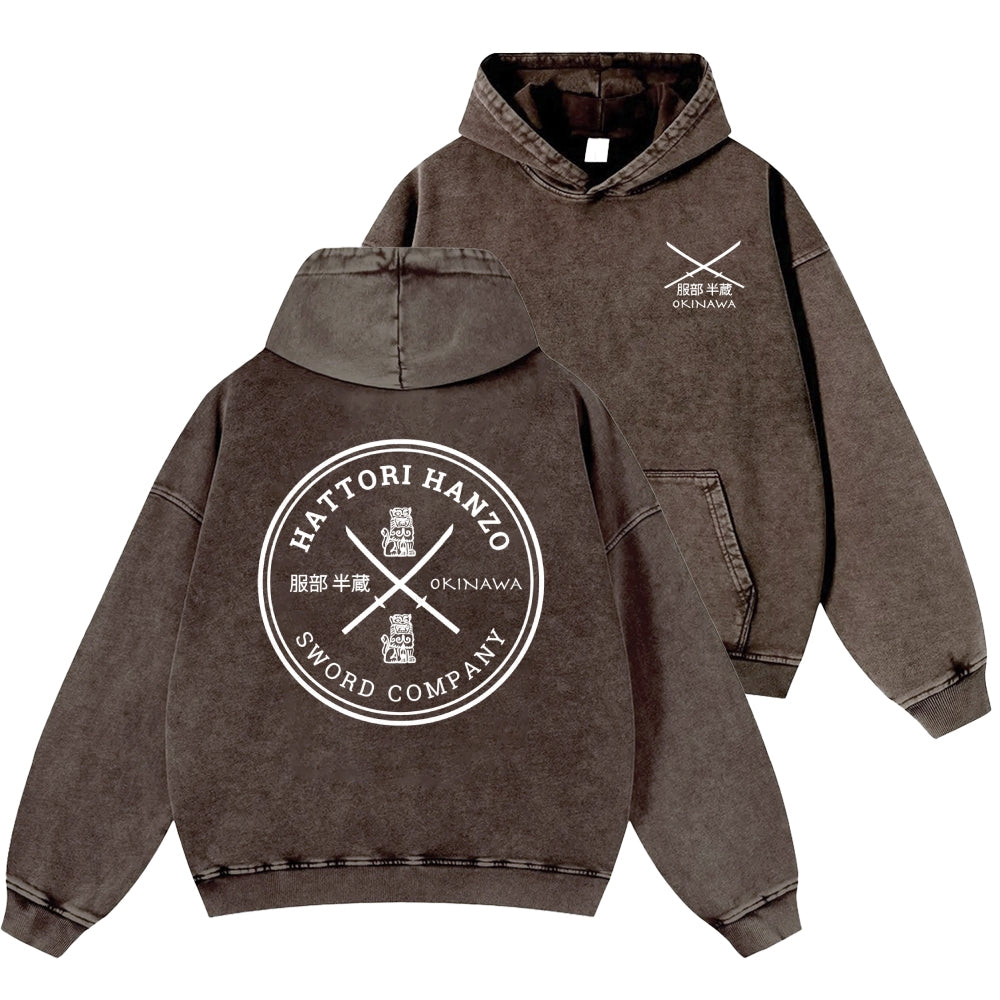 Hattori Hanzo Komainu Okinawa Sword Company Vintage Washed Cotton Back Art Hoodie