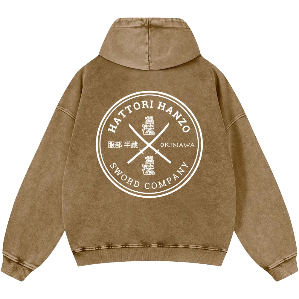 Hattori Hanzo Komainu Okinawa Sword Company Vintage Washed Cotton Back Art Hoodie
