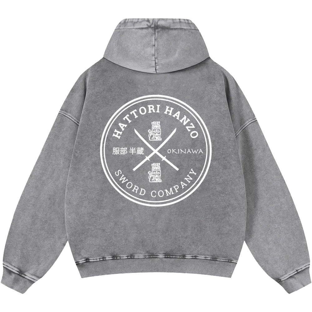Hattori Hanzo Komainu Okinawa Sword Company Vintage Washed Cotton Back Art Hoodie