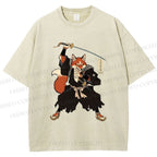 Unisex Vintage Japanese Ukiyo-e Fox Samurai Printed Washed Tee