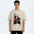 Unisex Vintage Japanese Ukiyo-e Fox Samurai Printed Washed Tee