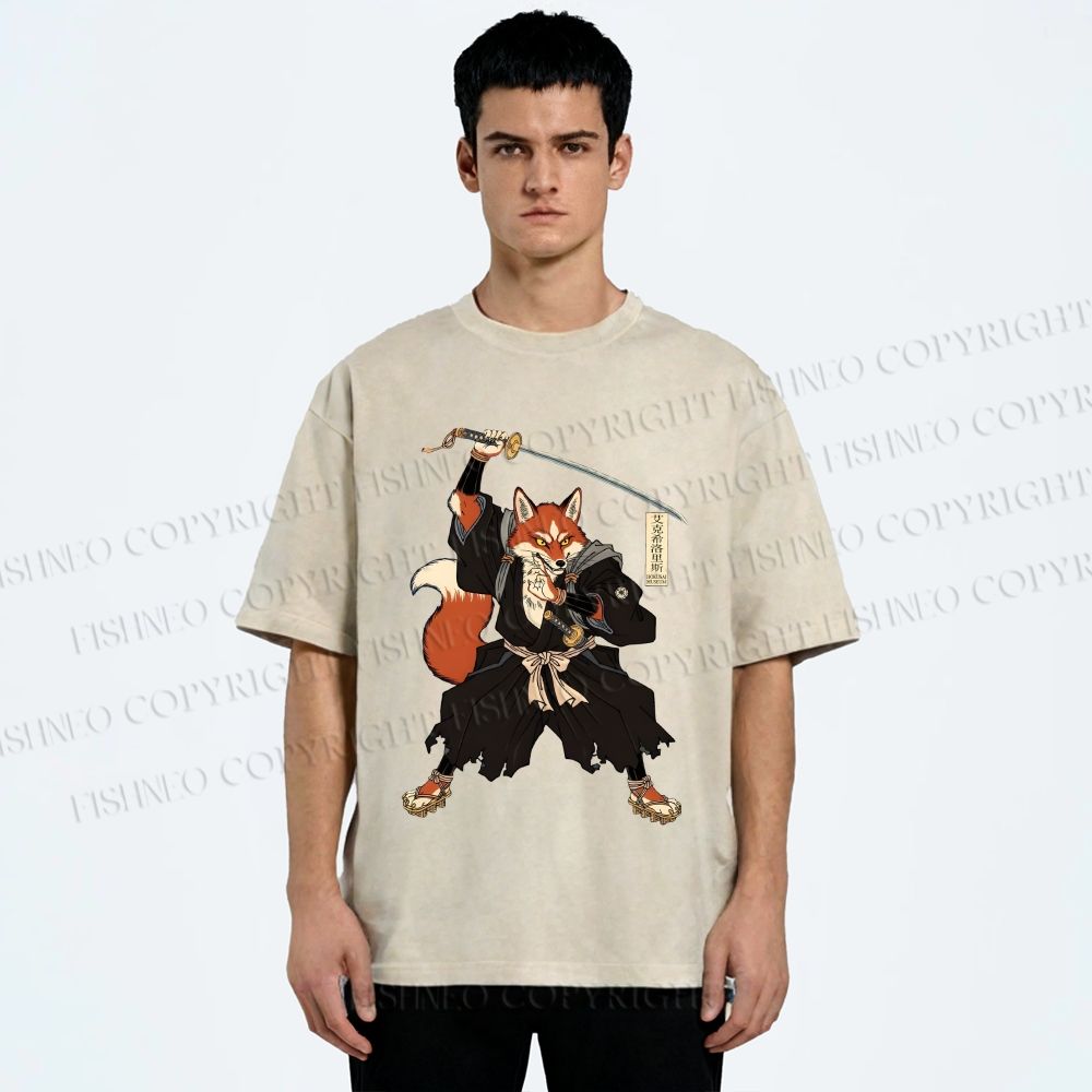Unisex Vintage Japanese Ukiyo-e Fox Samurai Printed Washed Tee