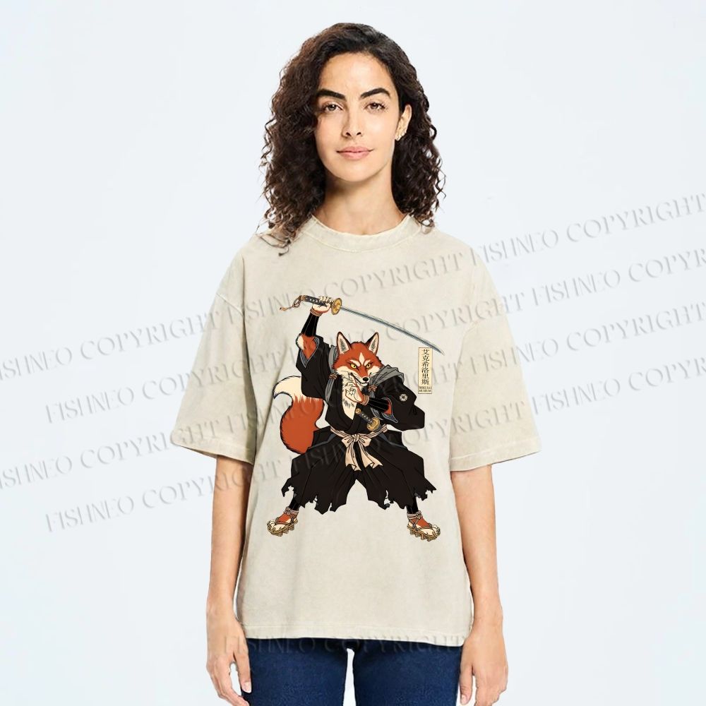 Unisex Vintage Japanese Ukiyo-e Fox Samurai Printed Washed Tee