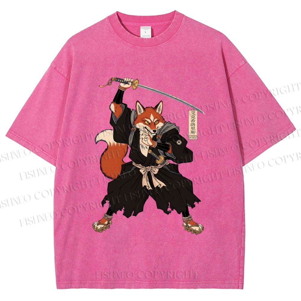 Unisex Vintage Japanese Ukiyo-e Fox Samurai Printed Washed Tee