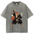 Unisex Vintage Japanese Ukiyo-e Fox Samurai Printed Washed Tee