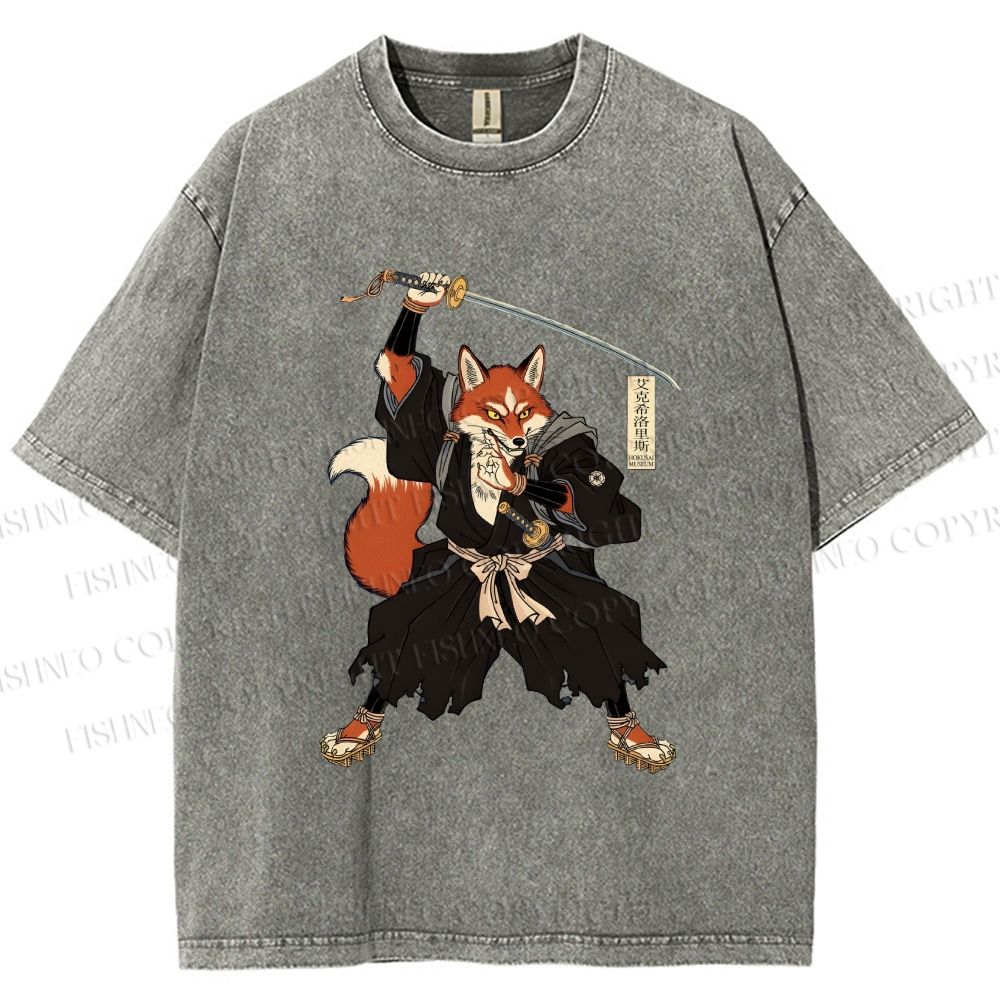 Unisex Vintage Japanese Ukiyo-e Fox Samurai Printed Washed Tee