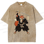 Unisex Vintage Japanese Ukiyo-e Fox Samurai Printed Washed Tee