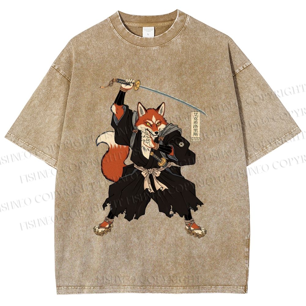 Unisex Vintage Japanese Ukiyo-e Fox Samurai Printed Washed Tee