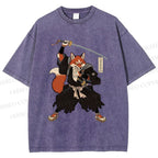 Unisex Vintage Japanese Ukiyo-e Fox Samurai Printed Washed Tee