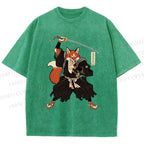 Unisex Vintage Japanese Ukiyo-e Fox Samurai Printed Washed Tee