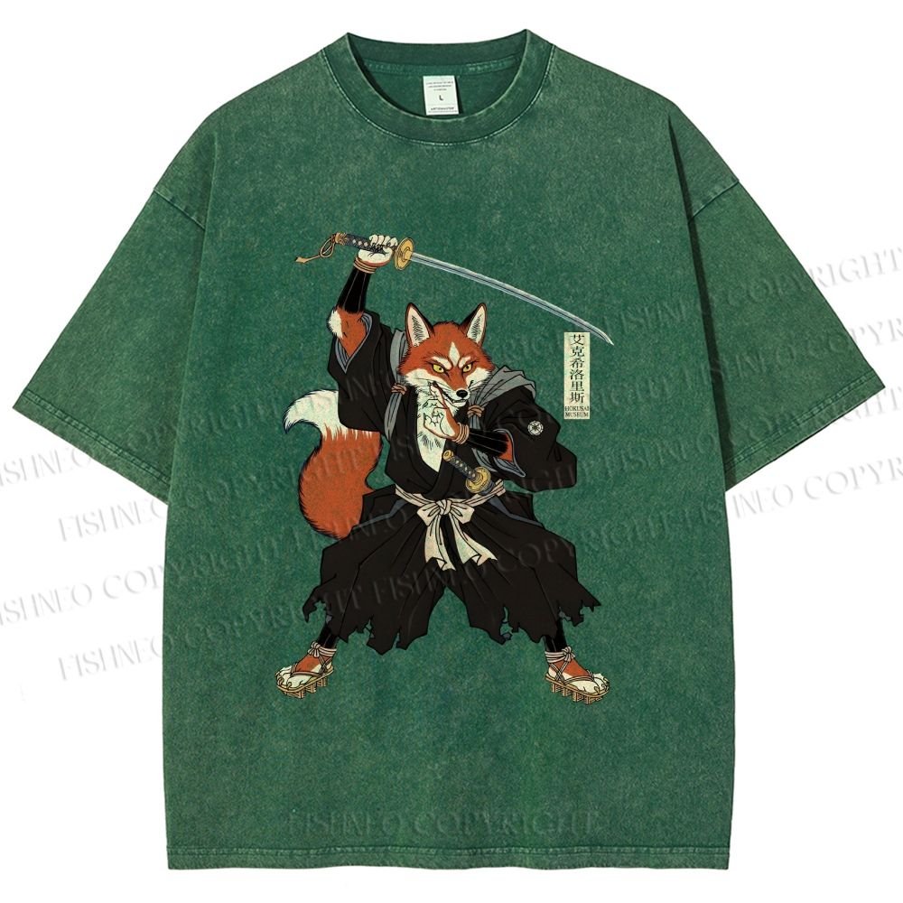 Unisex Vintage Japanese Ukiyo-e Fox Samurai Printed Washed Tee