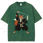 Unisex Vintage Japanese Ukiyo-e Fox Samurai Printed Washed Tee