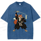 Unisex Vintage Japanese Ukiyo-e Fox Samurai Printed Washed Tee