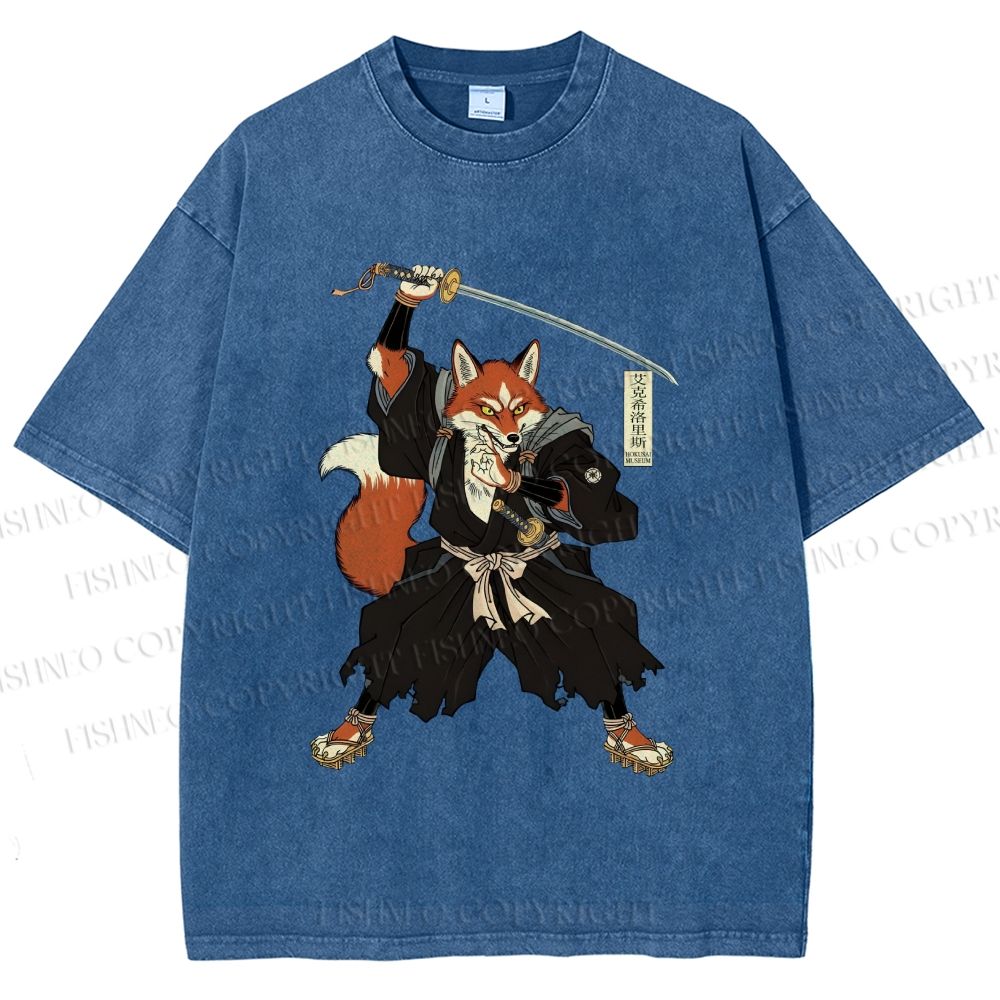 Unisex Vintage Japanese Ukiyo-e Fox Samurai Printed Washed Tee
