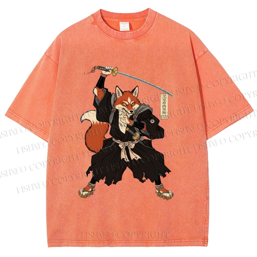 Unisex Vintage Japanese Ukiyo-e Fox Samurai Printed Washed Tee