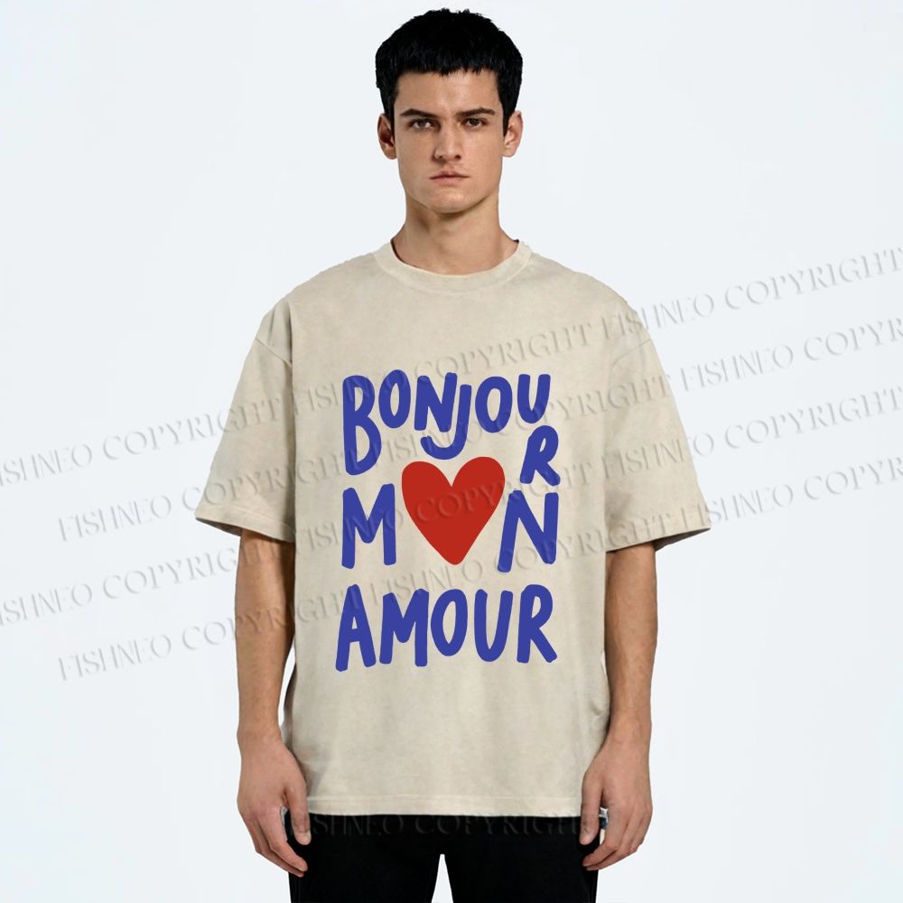 Unisex Bonjour Mon Amour Printed Washed Tee