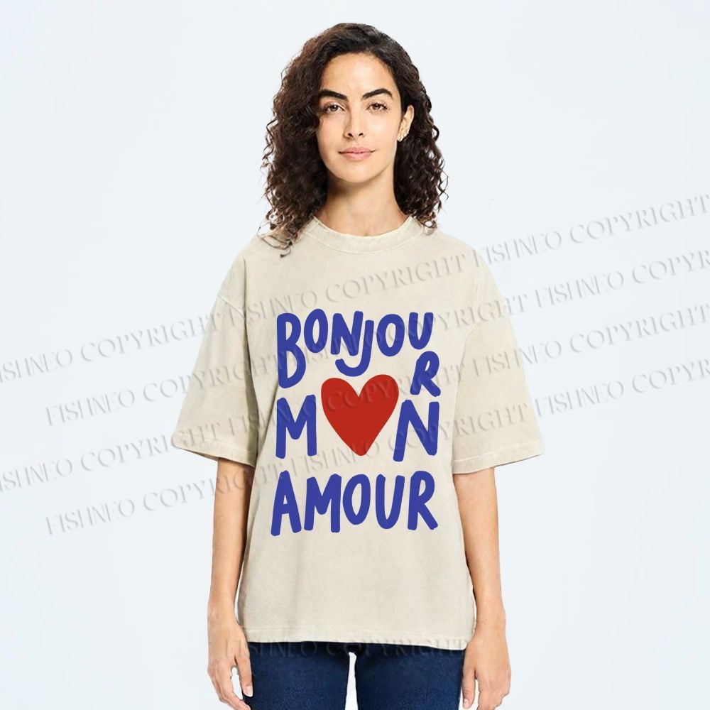 Unisex Bonjour Mon Amour Printed Washed Tee