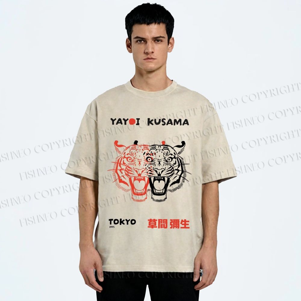 Unisex Yayoi Kusama Patchwork Tiger Printed Washed Tee
