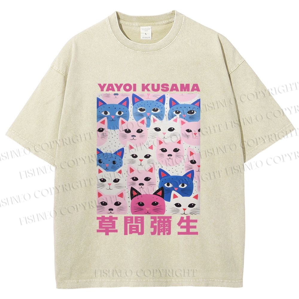Unisex Yayoi Kusama Blue Pink Cats Printed Washed Tee