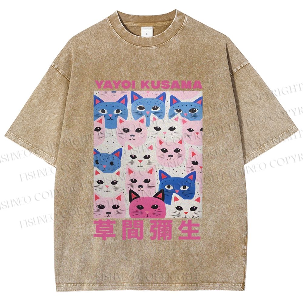 Unisex Yayoi Kusama Blue Pink Cats Printed Washed Tee