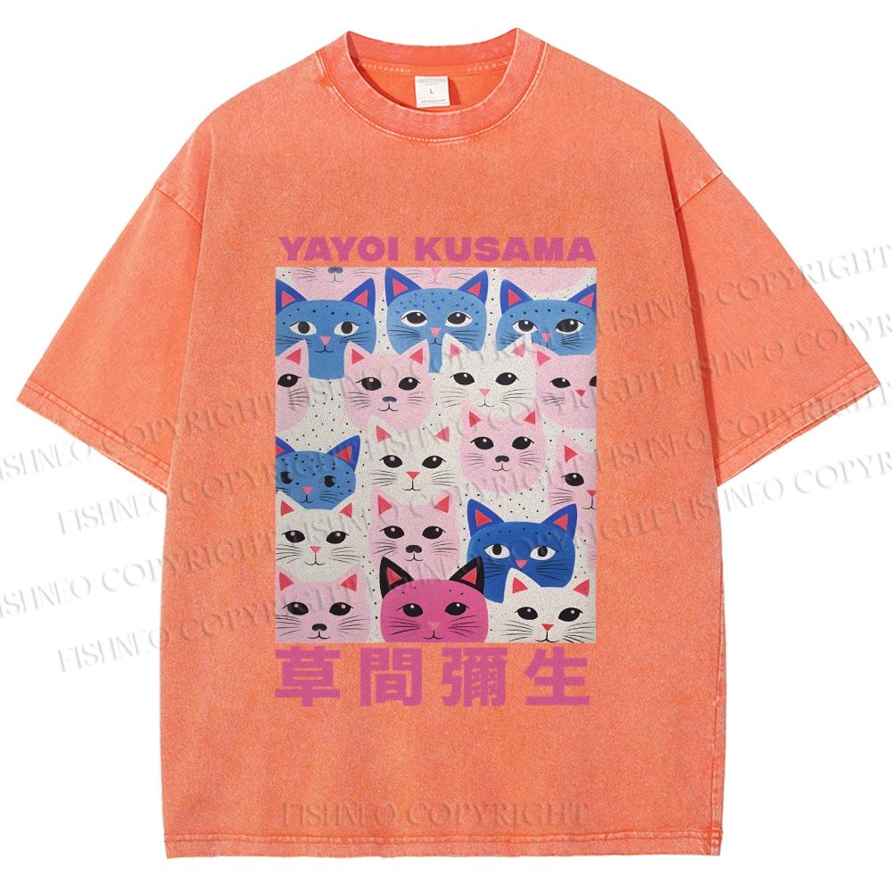 Unisex Yayoi Kusama Blue Pink Cats Printed Washed Tee