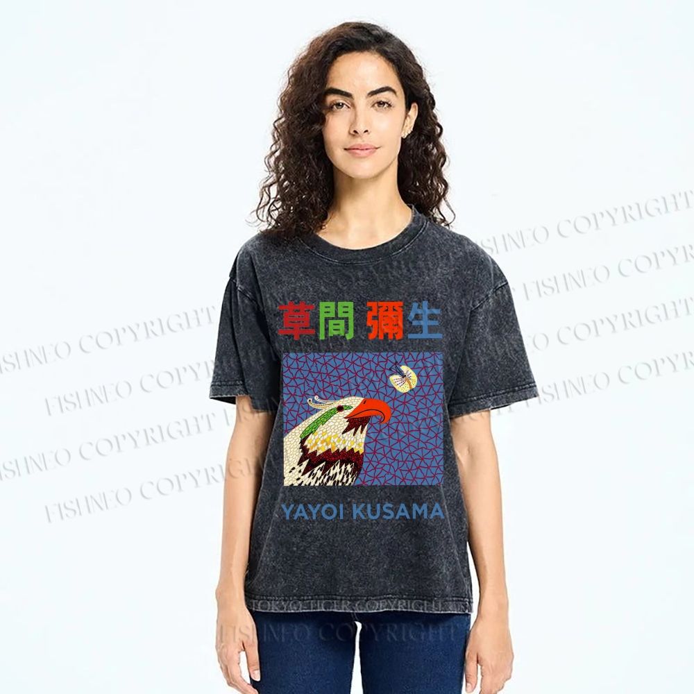 Unisex Yayoi Kusama Colorful Bird Printed Washed Tee